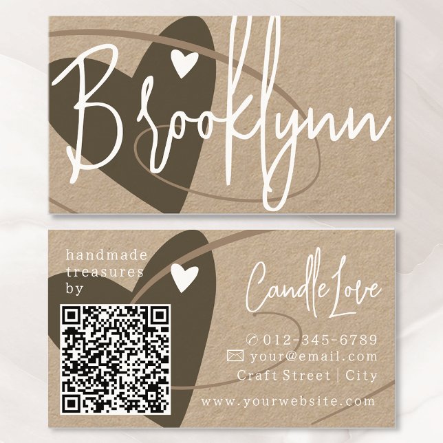 Inspired Beige Brown Made With Love Heart QR Code Business Card (Creator Uploaded)