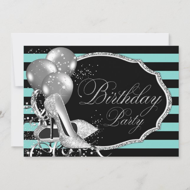 Inspired Black Teal Blue Birthday Party Invitation (Front)
