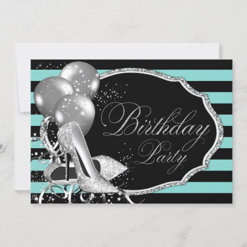 Inspired Black Teal Blue Birthday Party Invitation