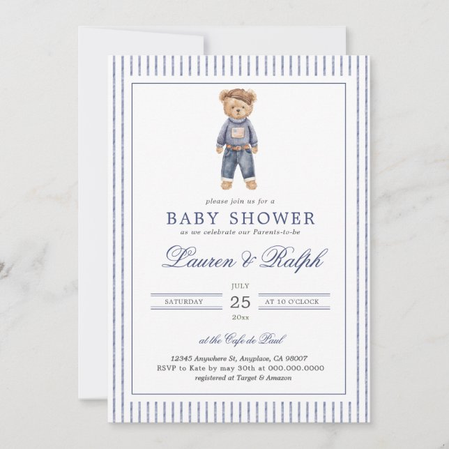 Inspired Blue Teddy Bear Baby Shower Invitation (Front)
