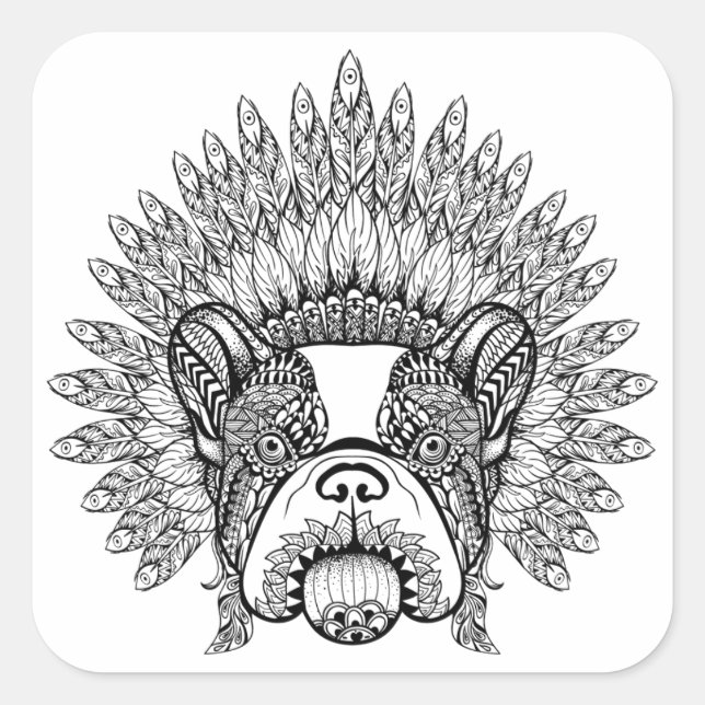 Inspired French Bulldog In War Bonnet Square Sticker (Front)
