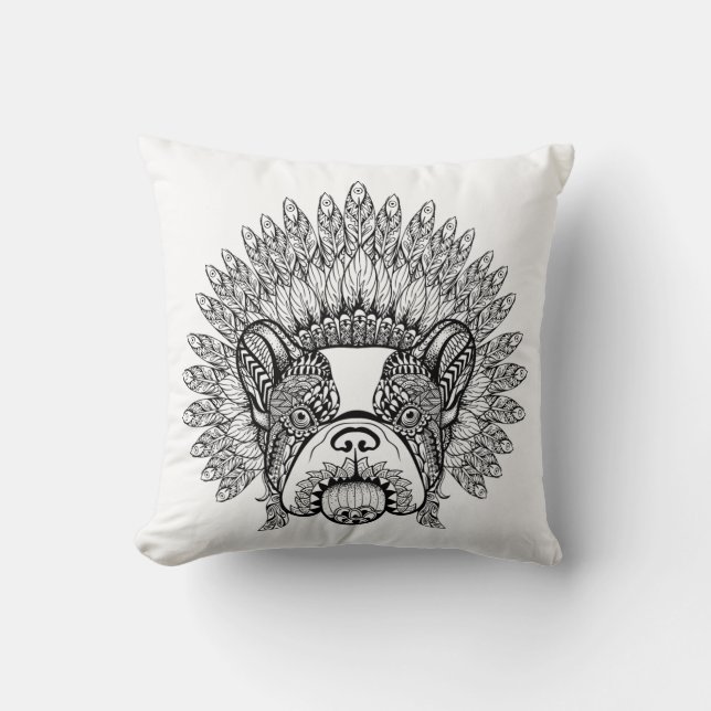 Inspired French Bulldog In War Bonnet Throw Pillow (Front)