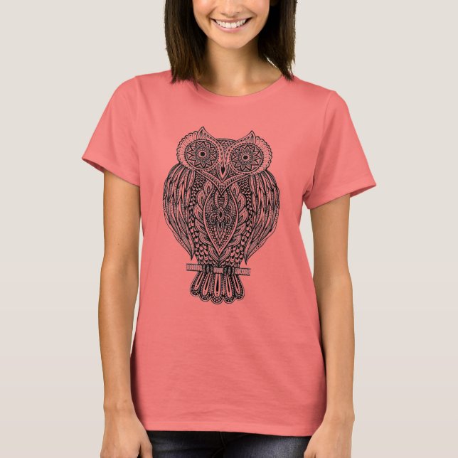 Inspired Hand Drawn Ornate Owl T-Shirt (Front)