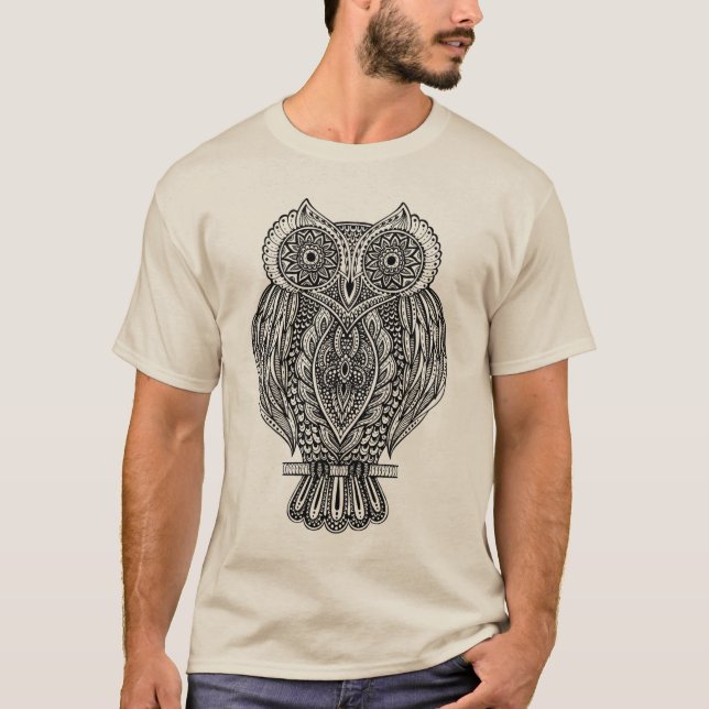 Inspired Hand Drawn Ornate Owl T-Shirt (Front)