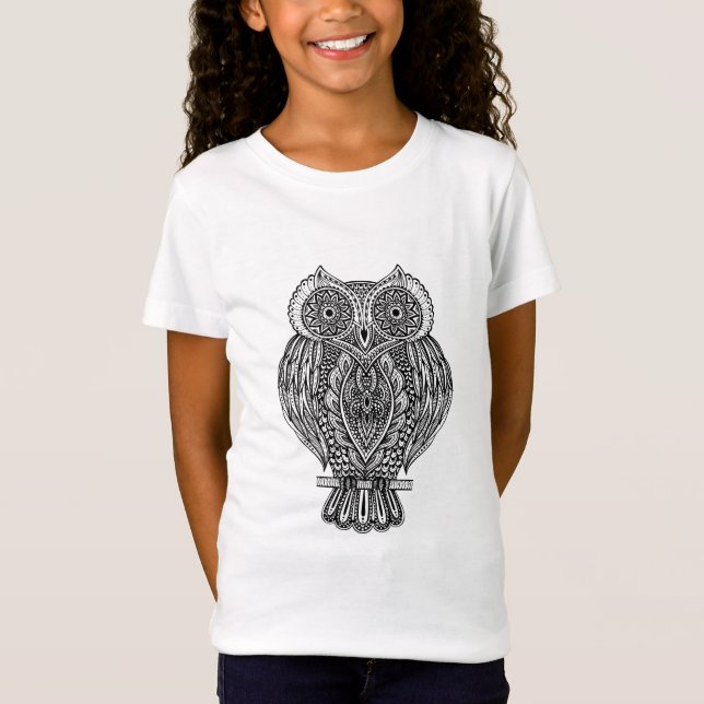 Inspired Hand Drawn Ornate Owl T-Shirt (Front)