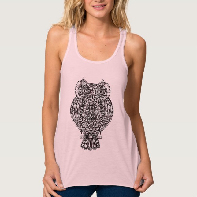 Inspired Hand Drawn Ornate Owl Tank Top (Front)