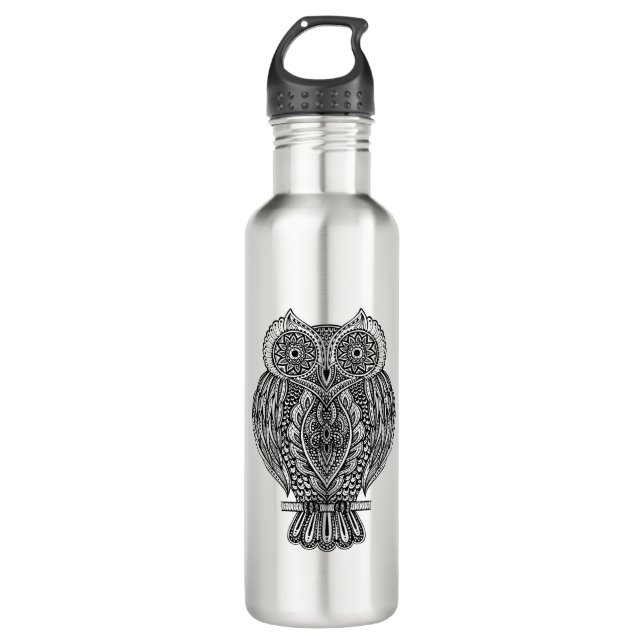 Inspired Hand Drawn Ornate Owl Water Bottle (Front)