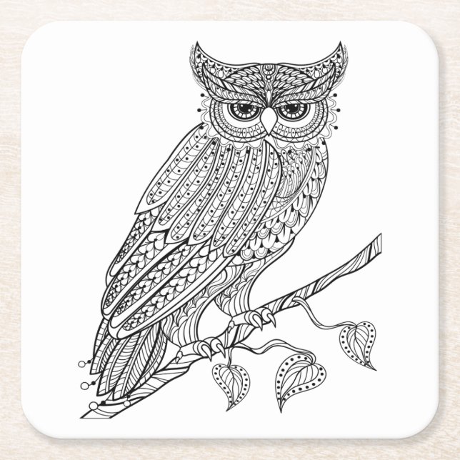 Inspired Magic Owl Sitting On Branch Square Paper Coaster (Front)