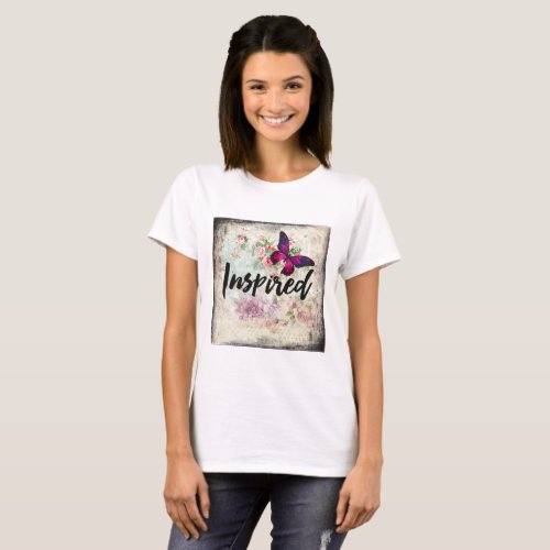 Inspired Pink Butterfly and Shabby Vintage Roses T_Shirt