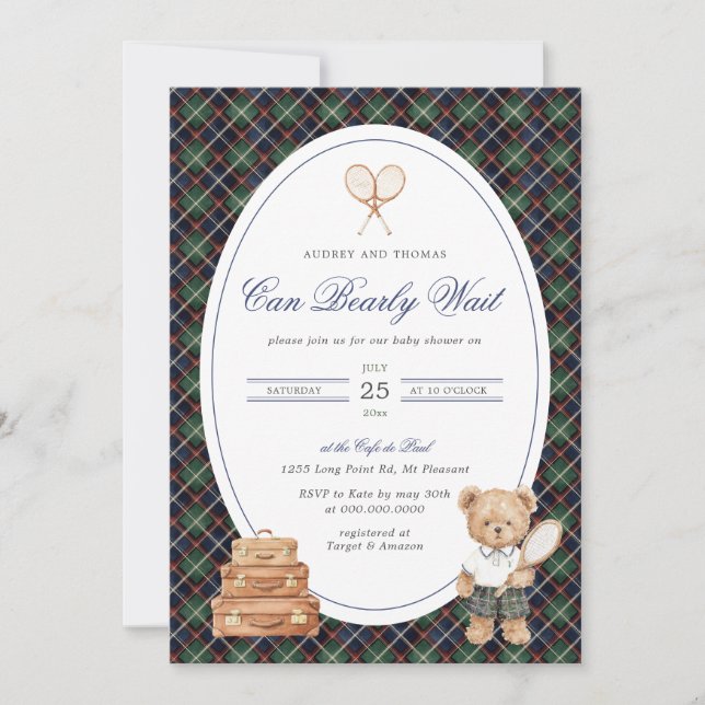Inspired Plaid Teddy Bear Boy Invitation (Front)