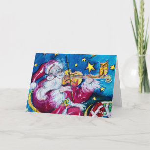 INSPIRED SANTA PLAYING VIOLIN ,Owl,Christmas Night Holiday Card