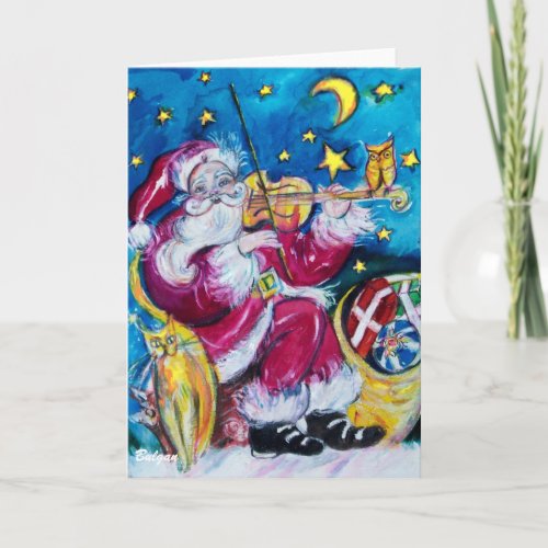 INSPIRED SANTA PLAYING VIOLINOwl Christmas Night Holiday Card