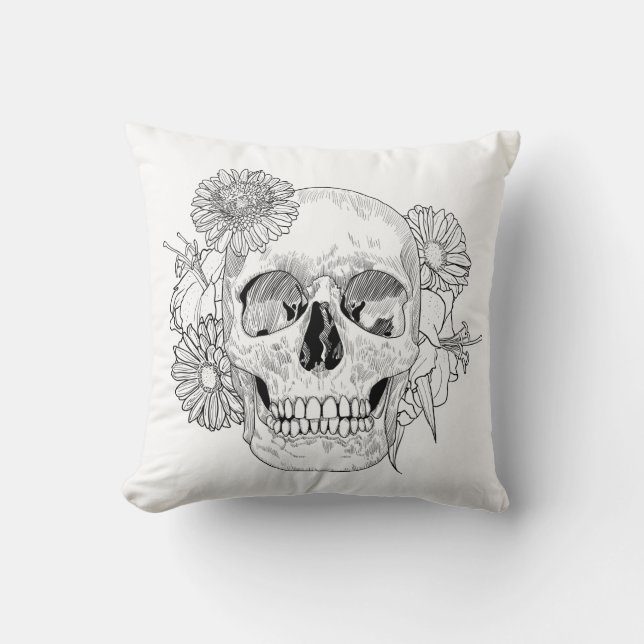 Inspired Skull And Flowers Throw Pillow (Front)
