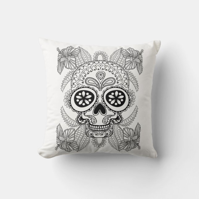 Inspired Skull In Flowers Throw Pillow (Front)