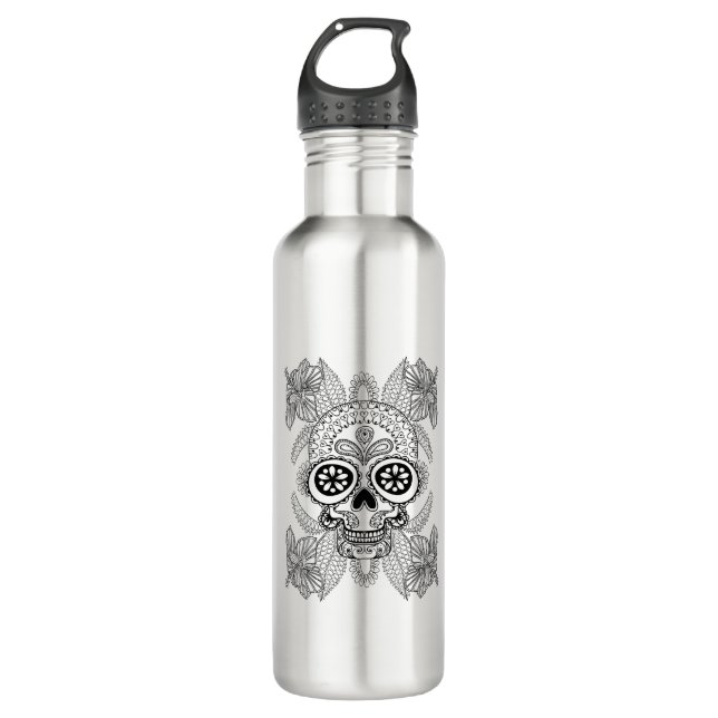 Inspired Skull In Flowers Water Bottle (Front)