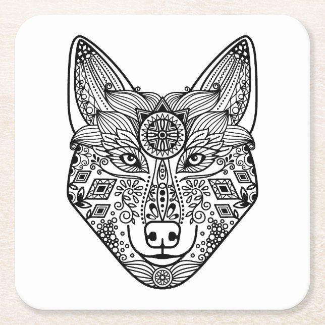 Inspired Wolf Head Square Paper Coaster (Front)