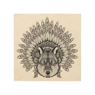 Inspired Wolf In Feathered War Bonnet 5 Wood Wall Decor