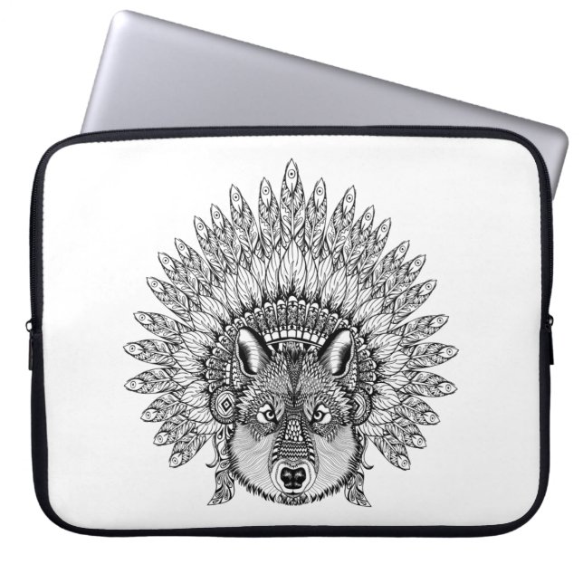 Inspired Wolf In Feathered War Bonnet Laptop Sleeve (Front)