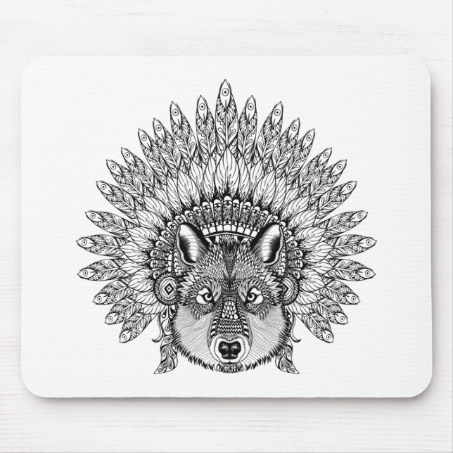 Inspired Wolf In Feathered War Bonnet Mouse Pad (Front)