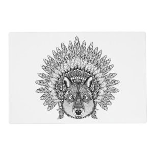 Inspired Wolf In Feathered War Bonnet Placemat