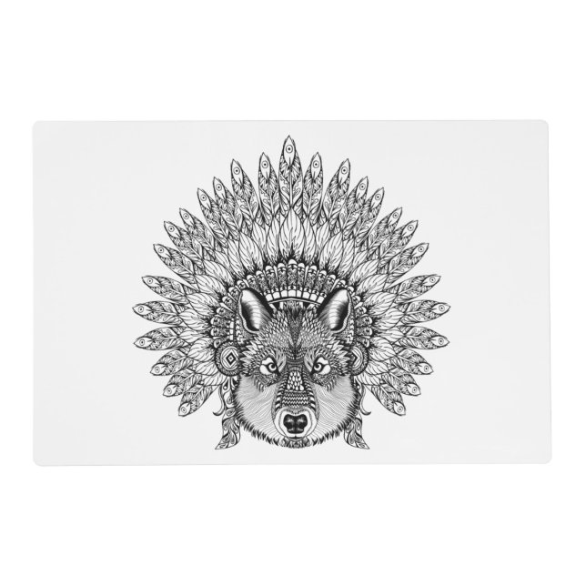 Inspired Wolf In Feathered War Bonnet Placemat (Front)