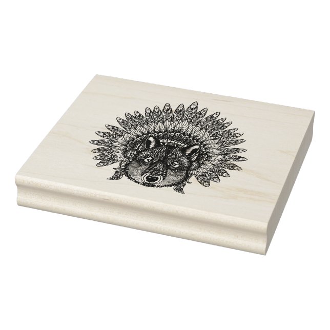 Inspired Wolf In Feathered War Bonnet Rubber Stamp (Stamp)