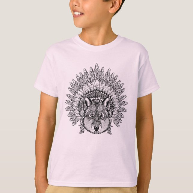 Inspired Wolf In Feathered War Bonnet T-Shirt (Front)