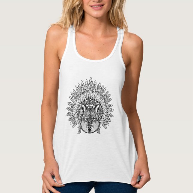 Inspired Wolf In Feathered War Bonnet Tank Top (Front)