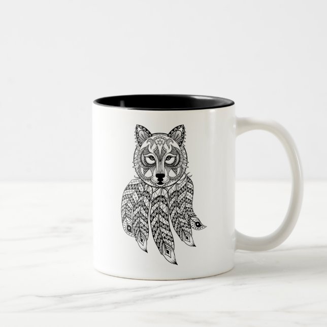 Inspired Wolf With Dreamcatcher Two-Tone Coffee Mug (Right)