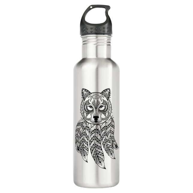 Inspired Wolf With Dreamcatcher Water Bottle (Front)