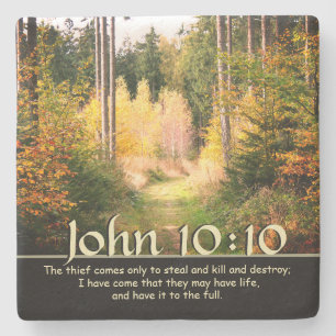 Inspiring Bible Verse John 10 10 Autumn Path Stone Coaster