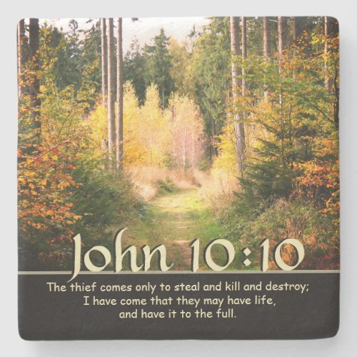 Inspiring Bible Verse John 10 10 Autumn Path Stone Coaster