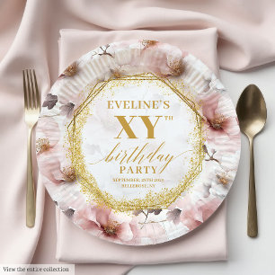 Inspiring Blush Floral Gold Birthday Paper Plates