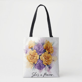 Inspiring Carnations,"She's a Pioneer" Floral Tote Bag