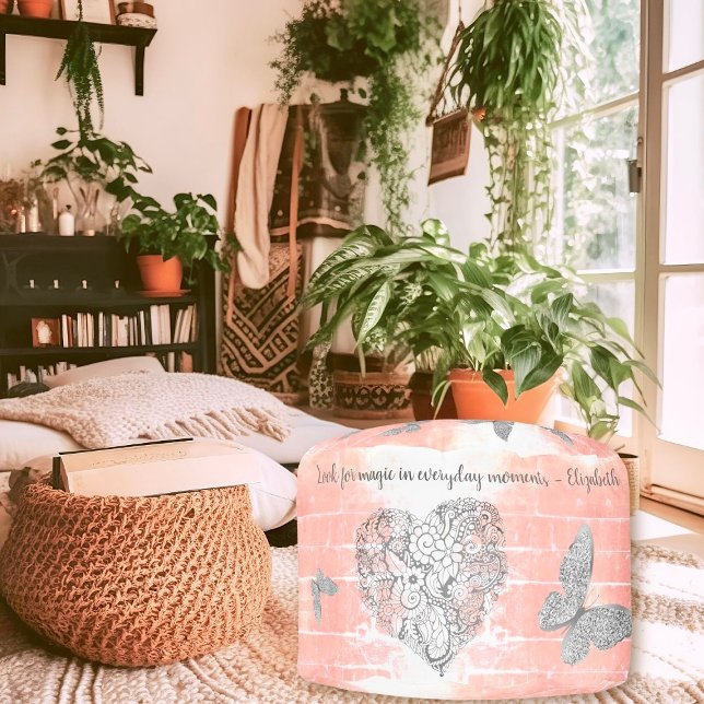 Inspiring Hearts On a Rustic Peach Pouf (Transform your space with our Enchanting Hearts Pouf—where comfort meets captivating design.)