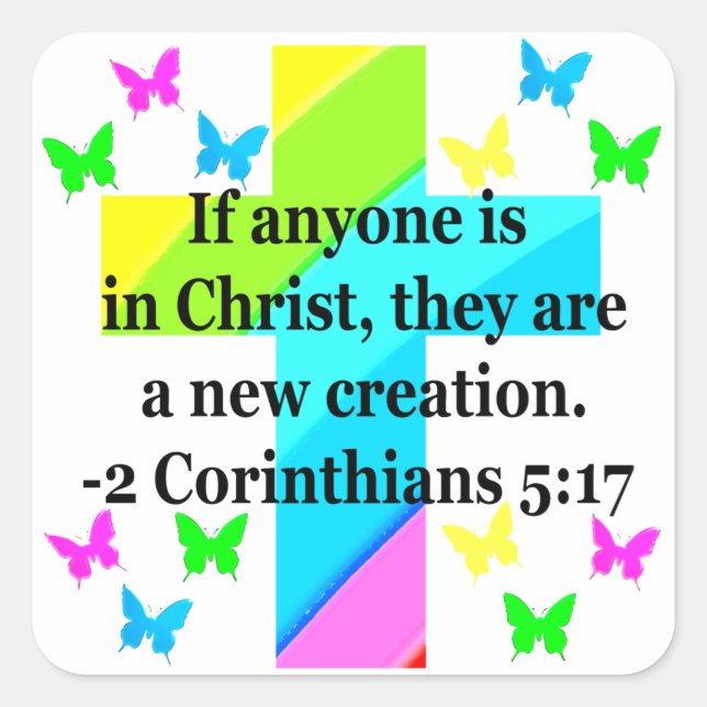 INSPIRING RAINBOW CROSS 2 CORINTHIAN 5:17 SQUARE STICKER (Front)