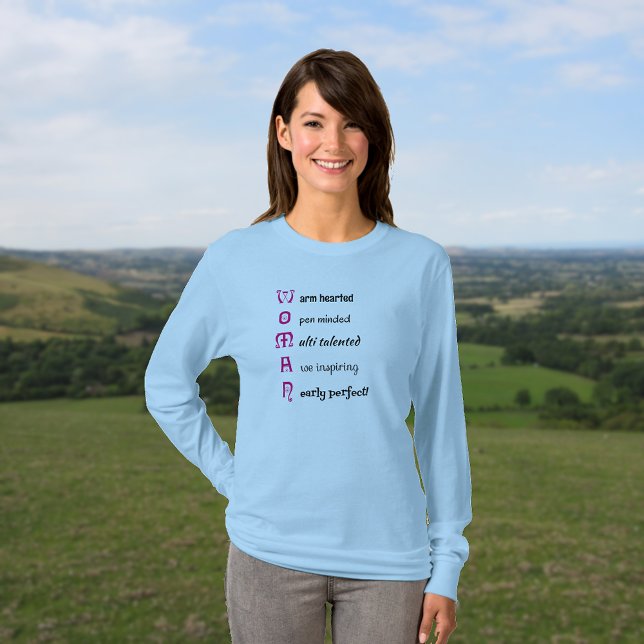Inspiring WOMAN text T-Shirt (Model is wearing long sleeve t-shirt in light blue)