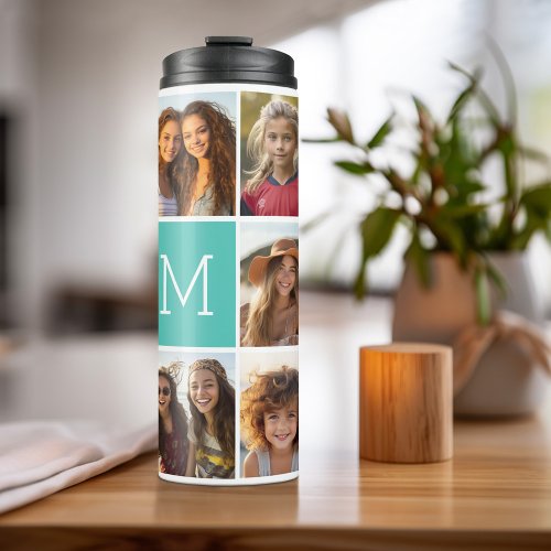 Instagram 11 Photo Collage Custom Monogram Blue Thermal Tumbler