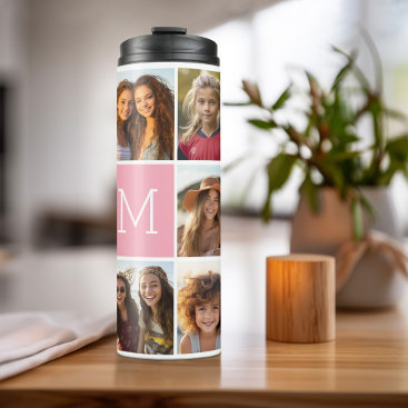 Instagram 11 Photo Collage Custom Monogram Coral Thermal Tumbler