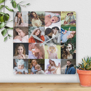 Instagram 16 Photo Collage Simple Diy Personalized Square Wall Clock by PictureCollage at Zazzle