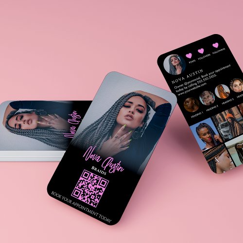 Instagram Braid Hair Hot Pink And Black QR Code Business Card