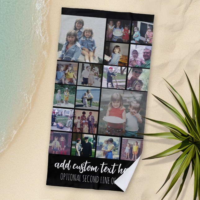 Instagram Collage - 18 photos script - Black White Beach Towel (Personalized Beach Towel with Photos and Text)