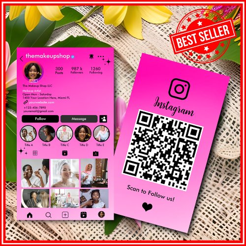 Instagram Cute Pink Ombre QR Code Social Media  Business Card