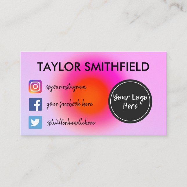 Instagram facebook twitter aura pink gradient business card (Front)