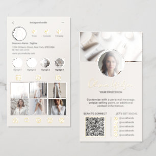 Instagram Feed Scan To Connect QR Code Beige Foil Spot Gloss Business Cards