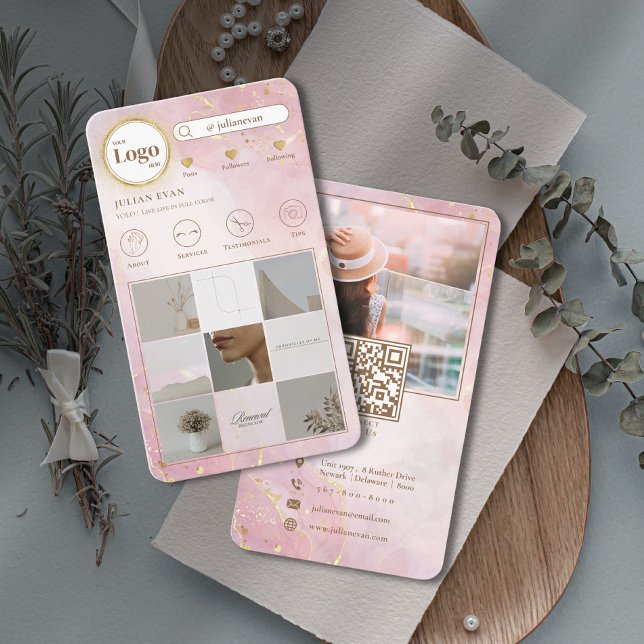 Instagram Follow Me Photo Grid Glitter Gold Pink Business Card (Creator Uploaded)