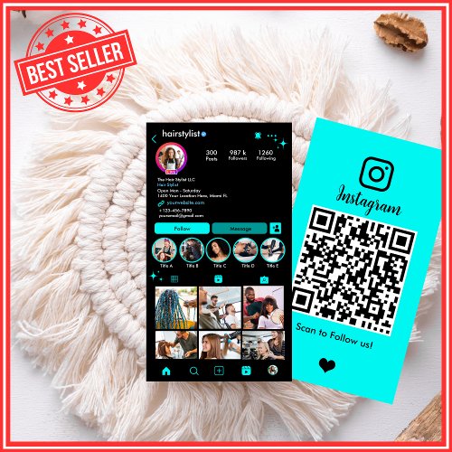 Instagram Hair Stylist  Turquoise QR Social Media Business Card