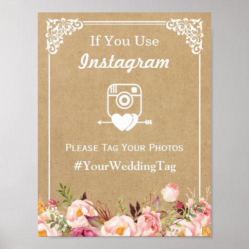 Instagram Hashtag Wedding Sign  Floral Kraft