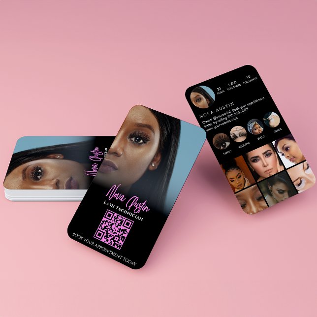 Instagram Lash Tech Hot Pink And Black QR Code Business Card (Creator Uploaded)