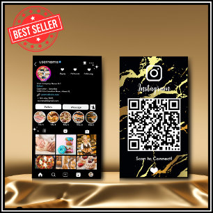 Instagram LUXURY Black & Gold Marble Agate QR Code Business Card